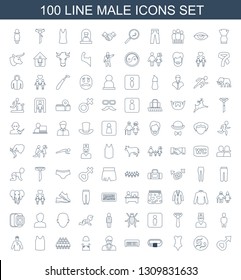 100 male icons. Trendy male icons white background. Included line icons such as sperm, swimsuit, belt, piano toy, businessman, worker, group, singlet. male icon for web and mobile.