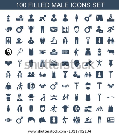 100 male icons. Trendy male icons white background. Included filled icons such as badge, underpants, man on treadmill, medical group, karate, man WC. male icon for web and mobile.