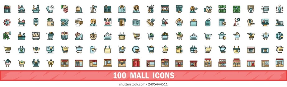 100 mall icons set. Color line set of mall vector icons thin line color flat on white