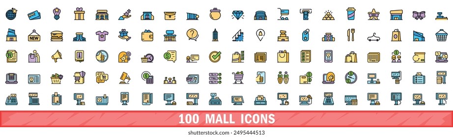 100 mall icons set. Color line set of mall vector icons thin line color flat on white