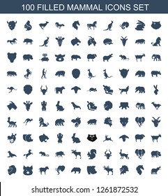 100 mammal icons. Trendy mammal icons white background. Included filled icons such as hippopotamus, horse, lion, moose, pig, bear, elephant, cow. mammal icon for web and mobile.