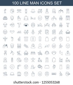 100 man icons. Trendy man icons white background. Included line icons such as sleeping emot, man with case, piano toy, emot with mustache, sad emot. man icon for web and mobile.