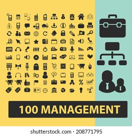 100 management, marketing, business black flat icons, signs, symbols set, vector