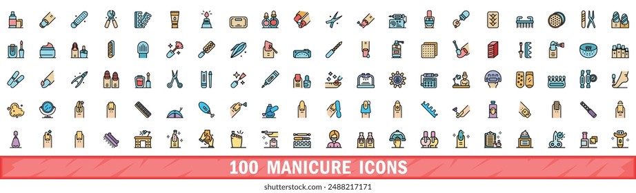 100 manicure icons set. Color line set of manicure vector icons thin line color flat on white