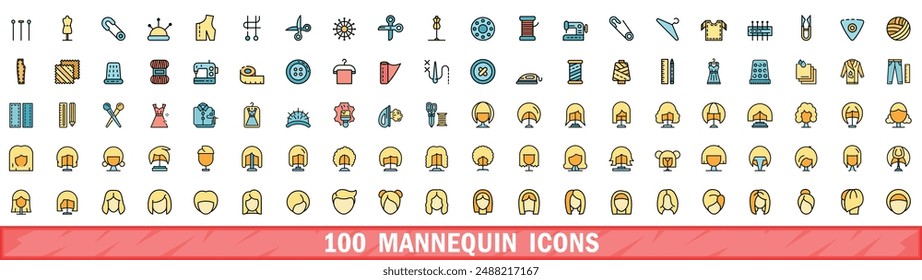 100 mannequin icons set. Color line set of mannequin vector icons thin line color flat on white