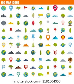 100 map icon set. Flat set of 100 map vector icons for web design