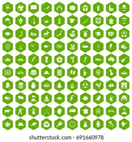 100 map icons set in green hexagon isolated vector illustration