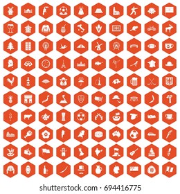 100 map icons set in orange hexagon isolated vector illustration