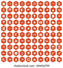 100 marine environment icons set in orange hexagon isolated vector illustration
