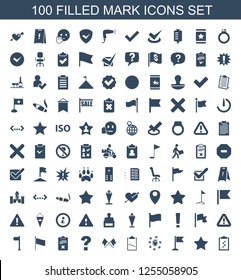 100 mark icons. Trendy mark icons white background. Included filled icons such as clipboard with chart, star, flag, virus and pills, question, clipboard. mark icon for web and mobile.