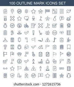 100 mark icons. Trendy mark icons white background. Included outline icons such as sweater, star, checklist, flag with dollar, tick, flag, add user. mark icon for web and mobile.
