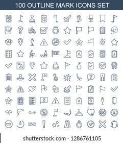100 mark icons. Trendy mark icons white background. Included outline icons such as sweater, cross, tick, ring, wet floor, star, exclamation point. mark icon for web and mobile.
