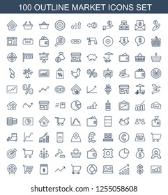 100 market icons. Trendy market icons white background. Included outline icons such as graph, Coin, chart on display, pie chart, shopping cart. market icon for web and mobile.