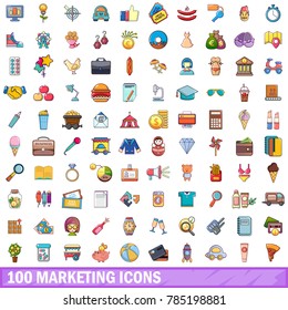 100 marketing icons set. Cartoon illustration of 100 marketing vector icons isolated on white background
