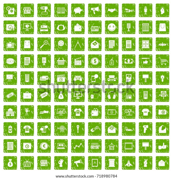 100 marketing icons set in\
grunge style green color isolated on white background vector\
illustration