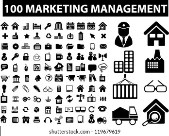 100 marketing management signs, icons set, vector