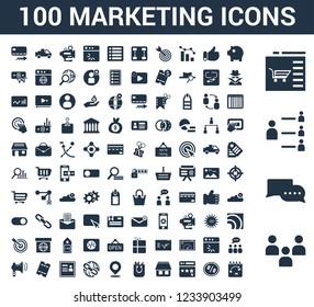 100 marketing universal icons set with Audience, Conversation, Community, Web Shop, Pig Bank, Sale, Rating, Bag, Location