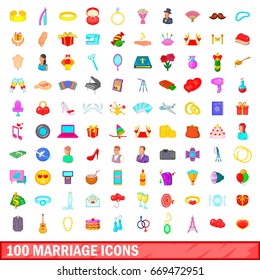100 marriage icons set in cartoon style for any design illustration
