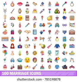100 marriage icons set. Cartoon illustration of 100 marriage vector icons isolated on white background