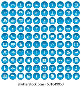 100 mask icons set in blue circle isolated on white vector illustration