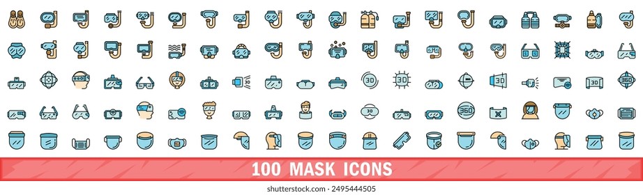 100 iconos de máscara establecidos. Conjunto de línea de color de iconos de vectores de máscara línea fina de color plana en blanco