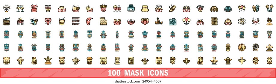 100 mask icons set. Color line set of mask vector icons thin line color flat on white