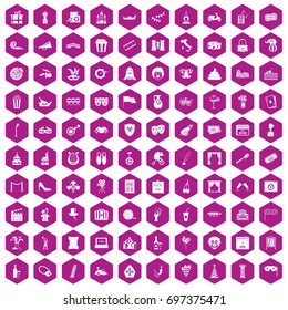 100 mask icons set in violet hexagon isolated vector illustration