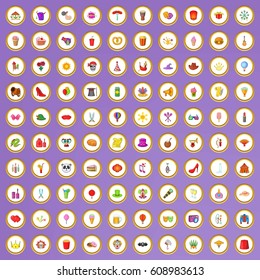100 masquerade icons set in cartoon style on purple background vector illustration