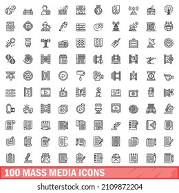 100 mass media icons set. Outline illustration of 100 mass media icons vector set isolated on white background