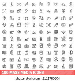 100 mass media icons set. Outline illustration of 100 mass media icons vector set isolated on white background