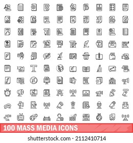 100 mass media icons set. Outline illustration of 100 mass media icons vector set isolated on white background
