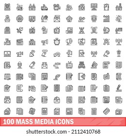 100 mass media icons set. Outline illustration of 100 mass media icons vector set isolated on white background