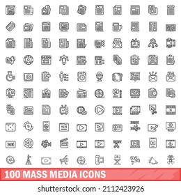 100 íconos de medios masivos. Ilustración de esquema de 100 iconos de medios masivos conjunto de vectores aislados en fondo blanco