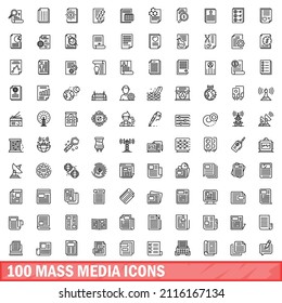 100 mass media icons set. Outline illustration of 100 mass media icons vector set isolated on white background