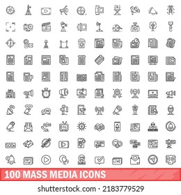 100 mass media icons set. Outline illustration of 100 mass media icons vector set isolated on white background
