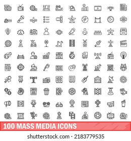 100 mass media icons set. Outline illustration of 100 mass media icons vector set isolated on white background