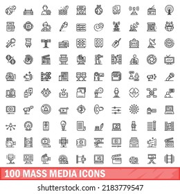 100 mass media icons set. Outline illustration of 100 mass media icons vector set isolated on white background