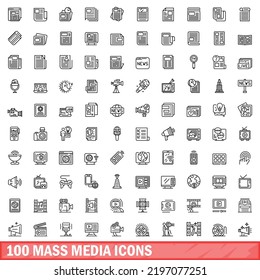 100 mass media icons set. Outline illustration of 100 mass media icons vector set isolated on white background