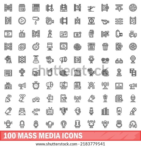 100 mass media icons set. Outline illustration of 100 mass media icons vector set isolated on white background