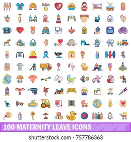 100 maternity leave icons set. Cartoon illustration of 100 maternity leave vector icons isolated on white background