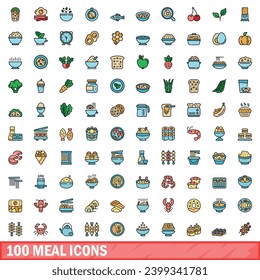 100 meal icons set. Color line set of meal vector icons thin line color flat on white