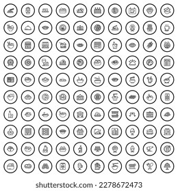 100 Essenssymbole gesetzt. Outline-Illustration von 100 Mehl-Symbolen, Vektorgrafik einzeln auf weißem Hintergrund