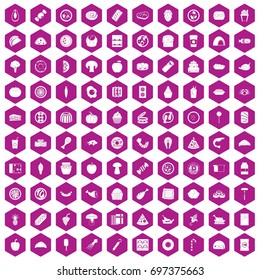100 meal icons set in violet hexagon isolated vector illustration
