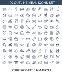100 meal icons. Trendy meal icons white background. Included outline icons such as sausage, meat leg, burger, chicken, chinese fast food, meat, reserved. meal icon for web and mobile.