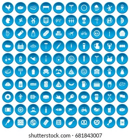 100 meat icons set in blue circle isolated on white vector illustration