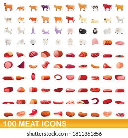 100 meat icons set. Cartoon illustration of 100 meat icons vector set isolated on white background