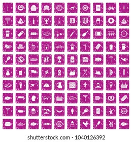 100 meat icons set in grunge style pink color isolated on white background vector illustration