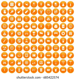 100 meat icons set in orange circle isolated on white vector illustration