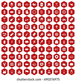 100 meat icons set in red hexagon isolated vector illustration
