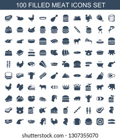 100 meat icons. Trendy meat icons white background. Included filled icons such as sausage, fried egg and bacon, burger, sandwich, rooster, turkey. meat icon for web and mobile.